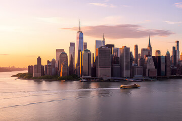 Fototapeta premium Urban Sunset Panorama: An awe-inspiring scene of an urban skyline, bathed in the warm hues of a setting sun over the serene river. It is a true moment in a cityscape. 