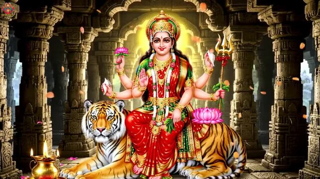goddess durga sitting on tiger inside ancient indian temple with spiritual lighting and traditional prayer offerings for navratri puja celebration in hindu festival