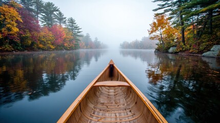 Autumn Canoe Ride on a Misty Lake Surrounded by Colorful Fall Foliage in the Early Morning