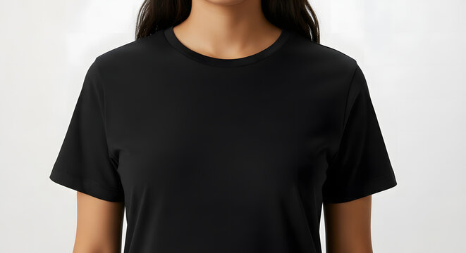 A clean, close-up mockup of a plain black t-shirt on a female model, providing a blank template for apparel branding, sportswear design, and logo placement