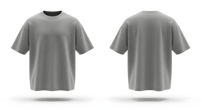 A complete 3D mockup of a gray oversized t-shirt, showing both the front and back views, floating on a white background for a modern streetwear apparel template
