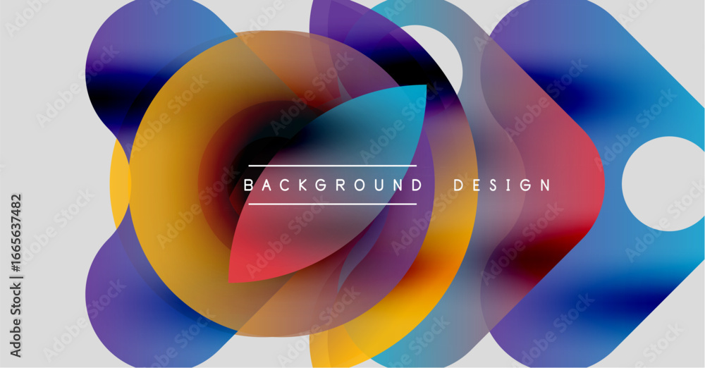 Poster abstract colorful shapes overlap, creating dynamic visual effect. background features gradients, cur
