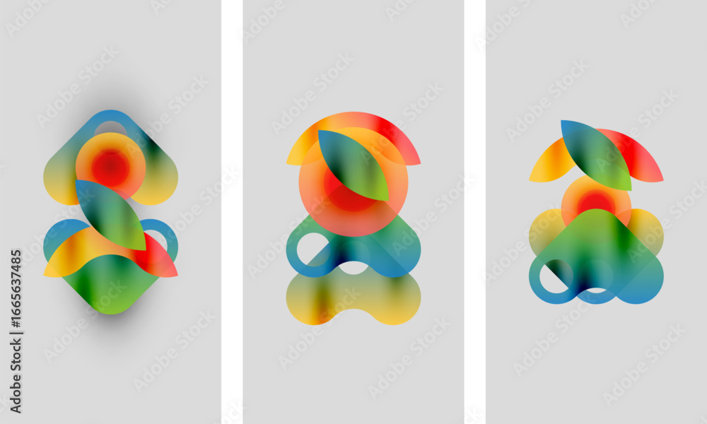 Poster abstract colorful shapes overlap, creating vibrant compositions. three panels display similar design