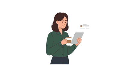 Woman Holding Coffee and Tablet Smiling and Working.