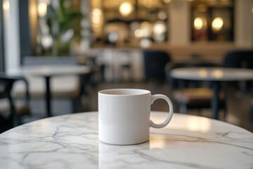 Fototapeta premium A plain white coffee mug sits on a round marble-topped table in a blurred cafe setting. The focus is sharp on the mug, creating a clean, inviting, and quiet mood.