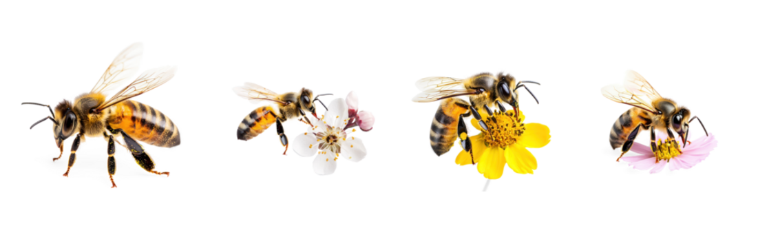 Collection of Bee carrying pollen Flies back to the hive with pollen stuck to its legs. full length isolate on transparent background