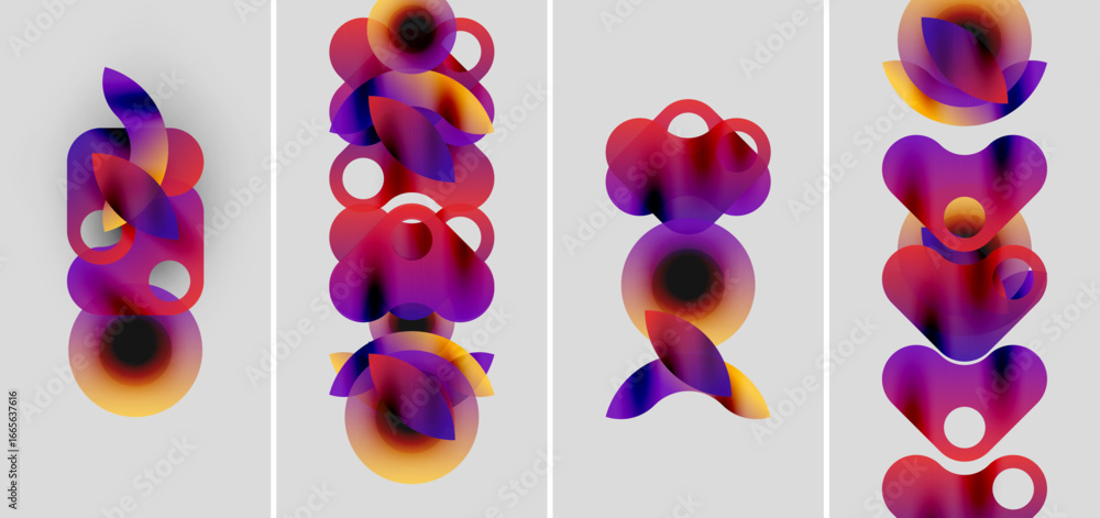 Poster abstract colorful shapes, vibrant gradients, four panels. fluid forms suggest movement, overlapping 