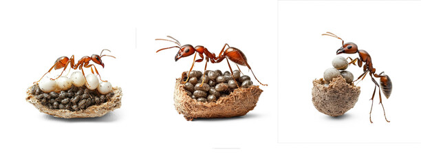 Obraz premium Collection of Ant carrying eggs Moves eggs or larvae to a new location within the nest. full length isolate on transparent background