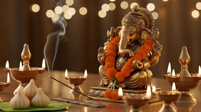 Golden Ganesha idol sits amidst flickering diyas, modaks, and incense, symbolizing devotion. Ideal for Diwali, Ganesh Chaturthi promos, spiritual content, cultural events, faith.