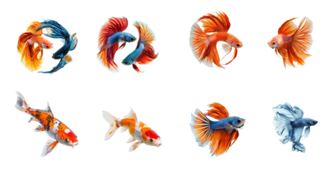 Collection of Siamese fighting fish circling Swims in a circle, often around another fish in a territorial display. full length isolate on transparent background