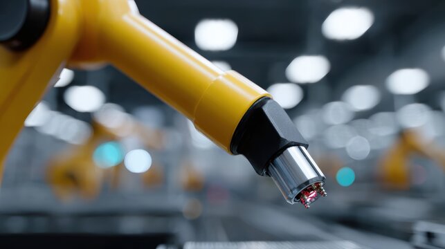 Robot arm assembling electronics in a modern factory, bright industrial lighting, focused workers