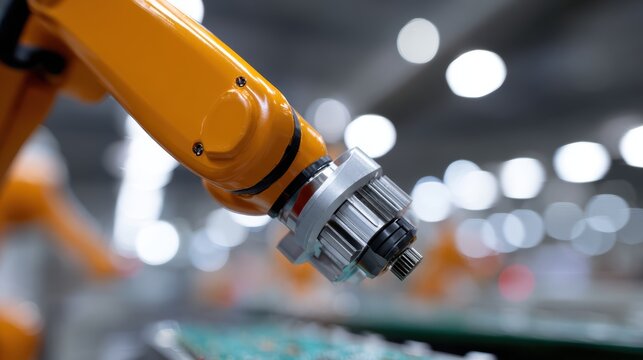 Robot arm assembling electronics in a modern factory, bright industrial lighting, focused workers