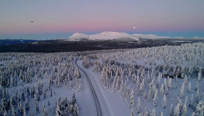 A snowy winter landscape, showcasing a winding road through a forest of frosted evergreens, with a pastel-toned sky and a full moon.