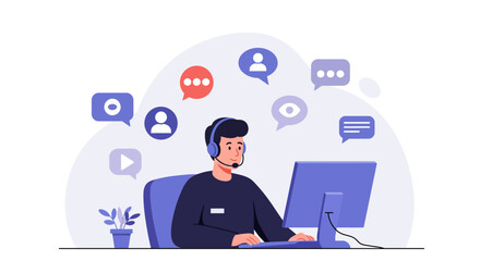 Customer Service Representative Working on Computer with Headset.