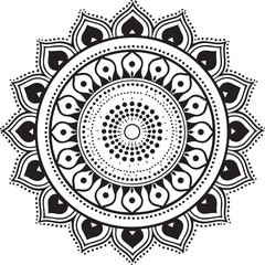 Elegant Mandala Pattern: A meticulously crafted, symmetrical black and white mandala design, radiating with intricate details and artistic flair, perfect for meditation or spiritual artwork.