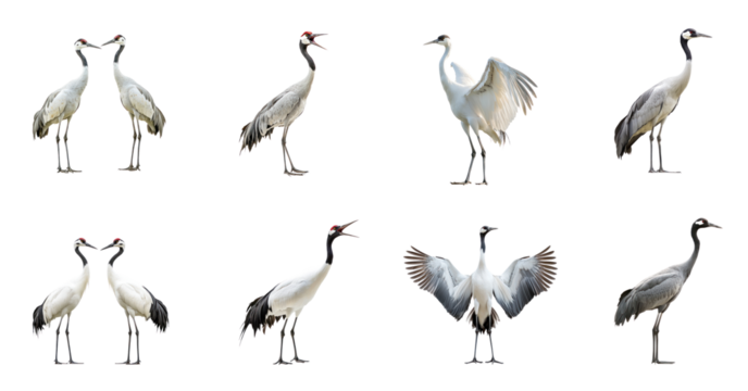 Collection of Crane interacting Two cranes engage in social behavior, such as synchronized movements or displays. full length isolate on transparent background