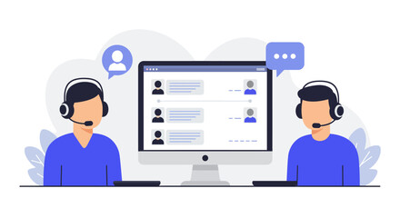 Customer Service Representatives with Computer and Headsets.