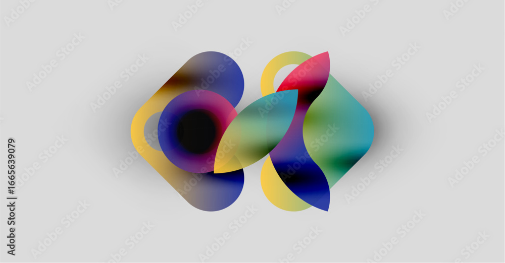 Poster abstract colorful shapes overlap, creating dynamic visual effect. soft gradients blend hues, forming