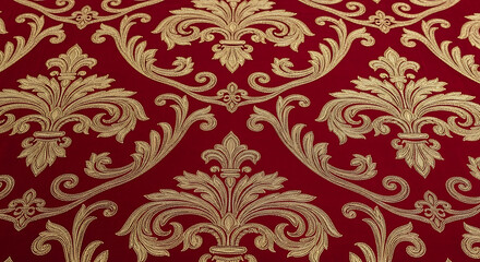 Golden Ornate Floral Pattern on Rich Red Background.