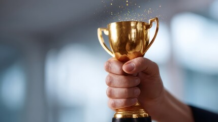 Close-up of a hand firmly holding a golden trophy, sparkling light effects highlighting the details, blurred office background