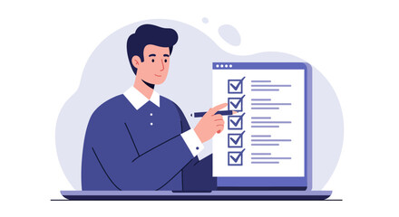 Man Reviewing Checklist on Digital Tablet Screen.