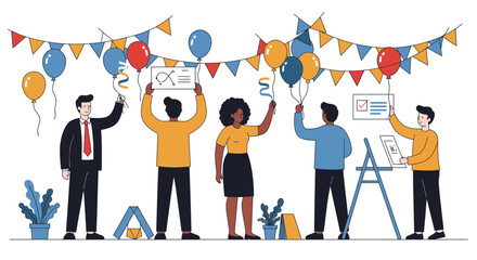 Diverse Group Celebrating with Balloons and Decorations.