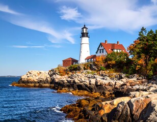 Coastal lighthouse on a rocky shore in autumn