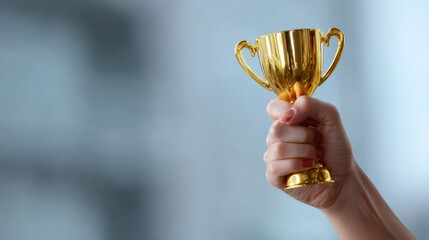 Hand holding a gold trophy against a soft-focus corporate background, inspirational and triumphant mood
