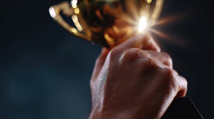 Close-up shot of fingers grasping a gleaming trophy with radiant light, success and achievement theme