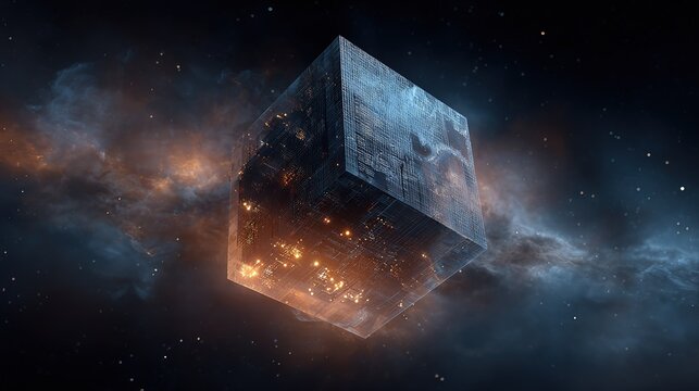 Ancient mysterious cube floating in nebula space, dark metal with glowing lights and interior illumination, cinematic 3D render