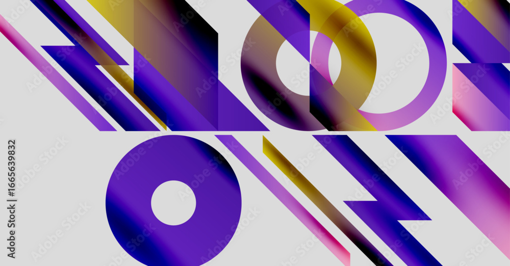 Poster abstract composition featuring overlapping purple, gold shapes. dynamic design with circular, linear