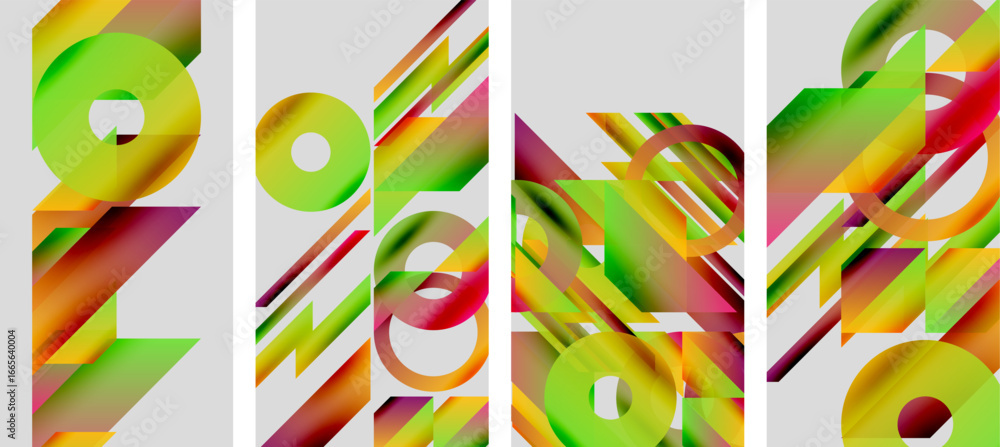 Poster abstract geometric panels display vibrant gradients. shapes overlap, creating dynamic visual rhythm.