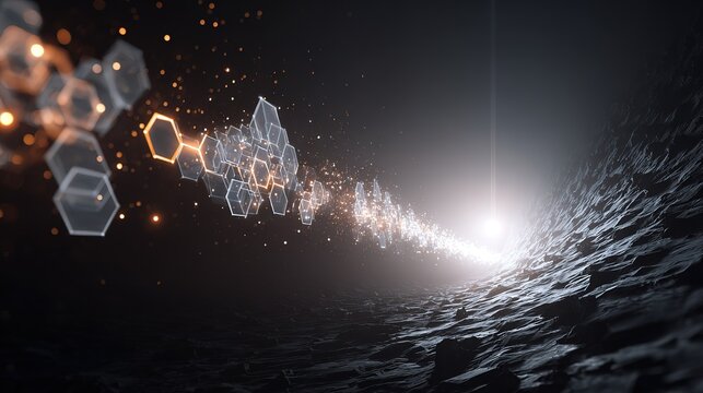 Futuristic hexagonal grid floating in dark space with bright light and orange white energy flow, abstract geometric background