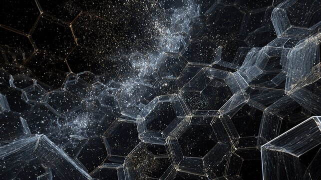Hexagonal crystal starry sky digital nebula abstract background, futuristic glowing geometric structure, deep space tech concept
