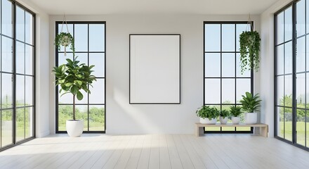 Fototapeta premium Bright Minimalist Interior with Artwork, Plants, and Natural Light Streaming Through Windows