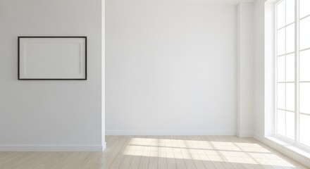 Bright and Minimalist Room Interior with Natural Light and Empty Frame