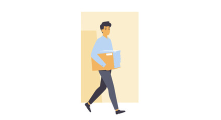 Man Carrying Box and Papers Walking Forward.