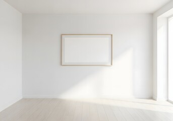 Obraz premium Minimalist Interior Design Sunlight Streaming onto Empty Room with blank Picture Frame