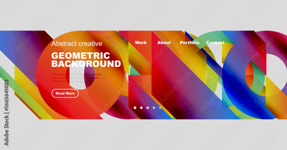 Poster dynamic geometric design. bright colors blend, creating modern website header. text overlays promote