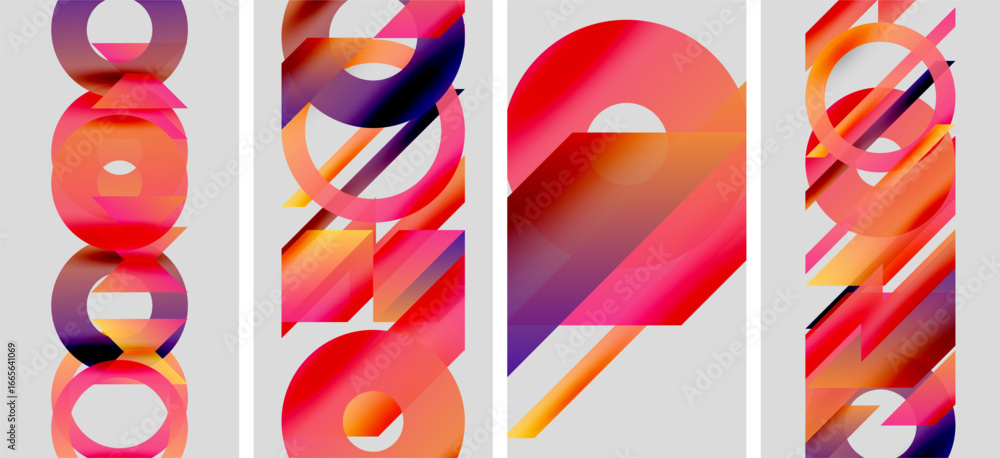Poster abstract artwork features colorful overlapping shapes. panels display vibrant gradients, creating dy