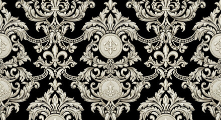 Ornate Baroque Damask Pattern with Fleurdelis Motifs.