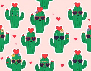 Cute cactus pattern with hearts and sunglasses