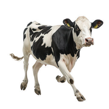 Cow running A cow dashes with its body slightly stretched, tail trailing behind. full length isolate on transparent background