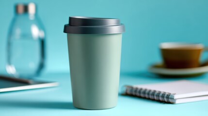 Sleek insulated cup on a bright desk with office supplies and a coffee cup, workspace focused on health and hydration