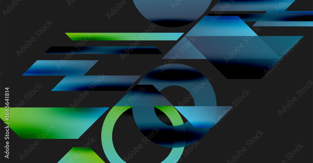 Poster abstract composition. geometric shapes overlap, creating dynamic visual effect. blue, green gradient