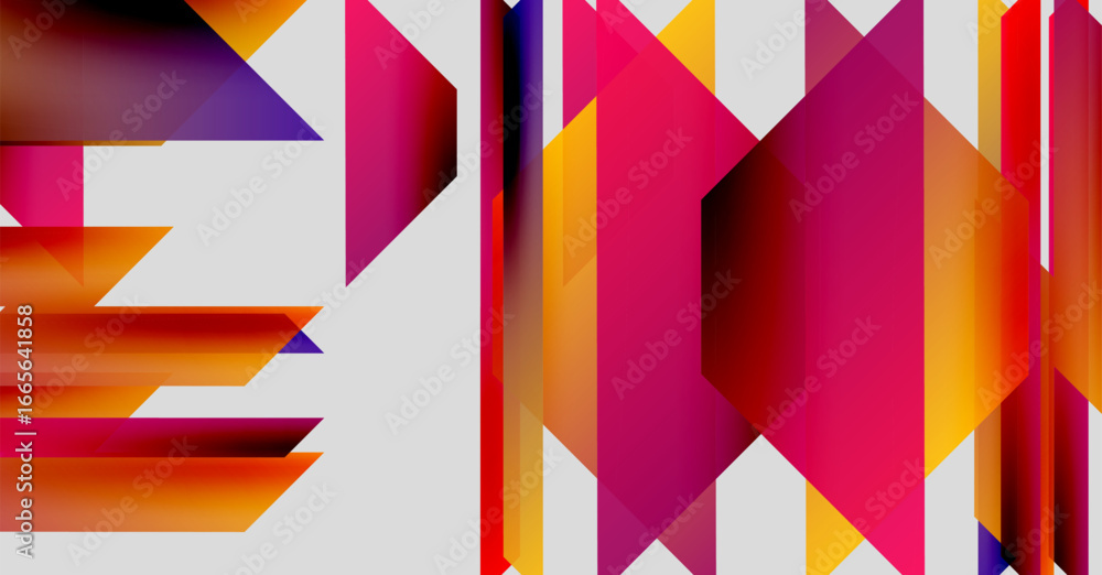 Poster abstract geometric composition. vivid colors intersect, creating dynamic visual effect. shapes overl