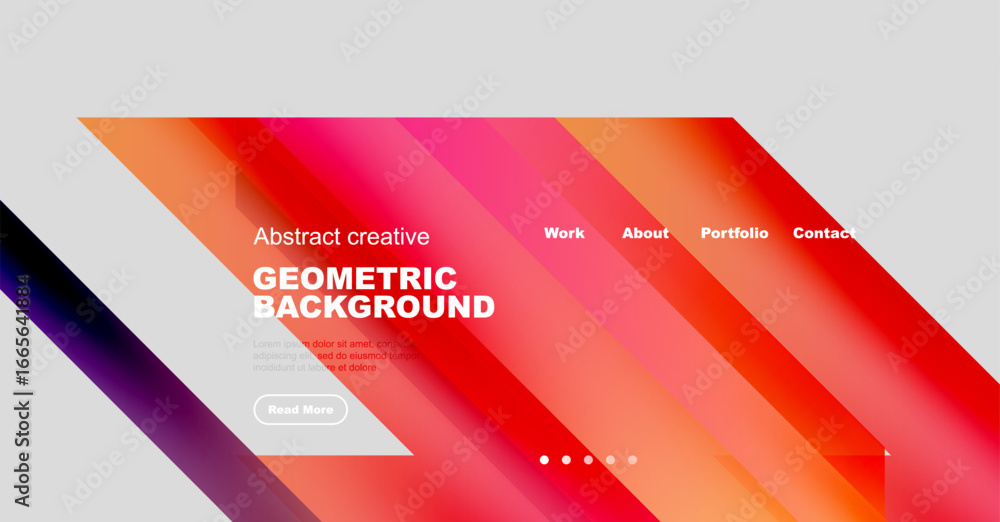 Poster abstract website mockup. diagonal shapes create vibrant background. navigation includes work, about,