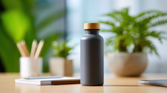 Stylish reusable water bottle on a neat workspace with plants and stationery, bright and motivating setting