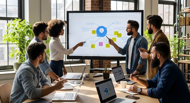 Diverse team collaborating and presenting ideas on a large interactive screen in a modern office setting.