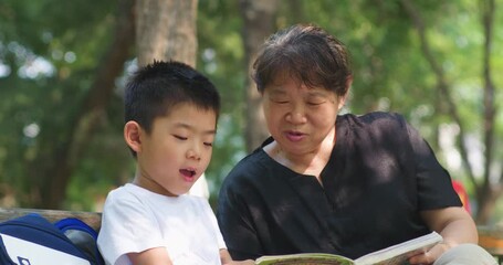Chinese grandparents and grandchildren reading outdoors
